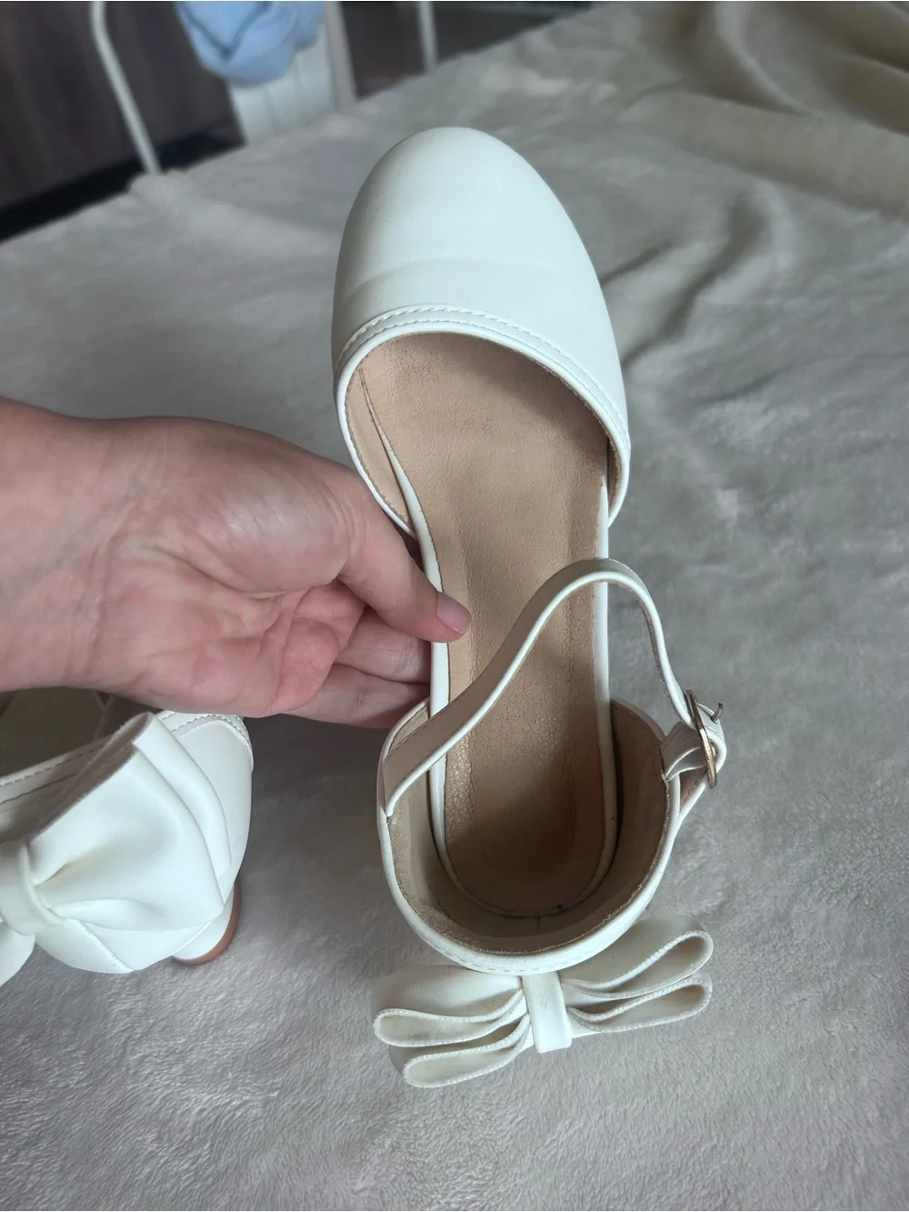 White Bow Accent Ankle-Strap Kitten Heels